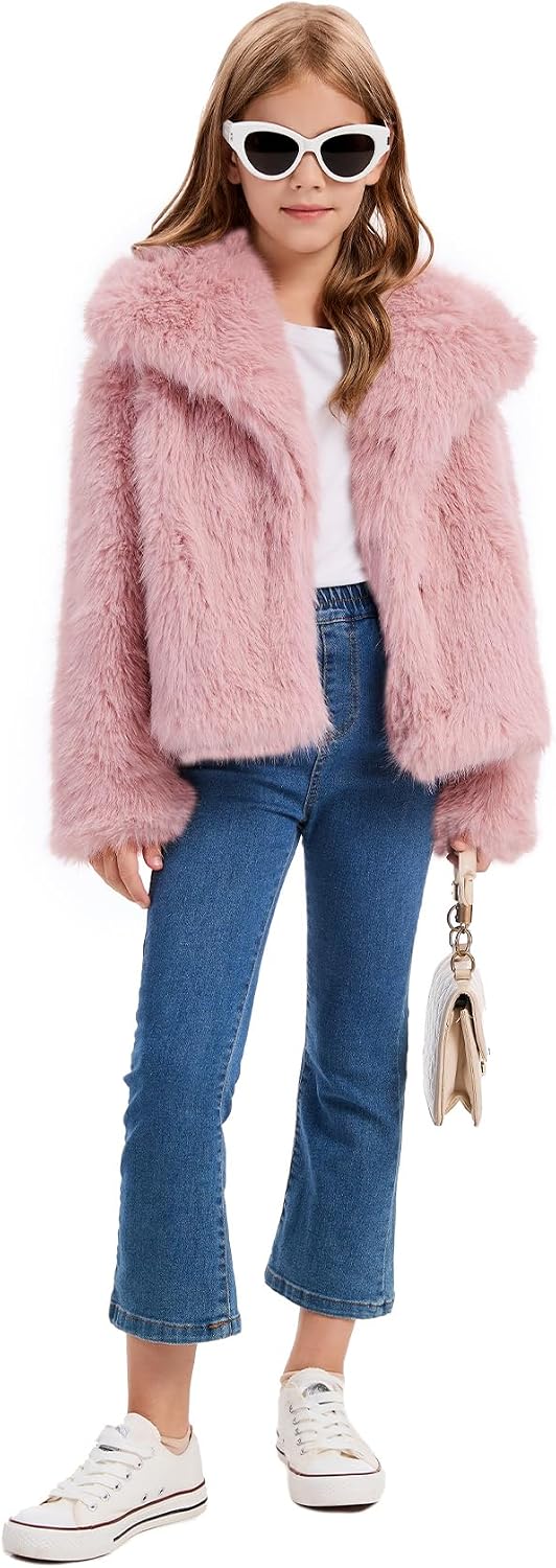 Flygo Girls Faux Fur Coat Fluffy Open Front Winter Shaggy Jackets 5-14Y