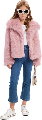 Flygo Girls Faux Fur Coat Fluffy Open Front Winter Shaggy Jackets 5-14Y