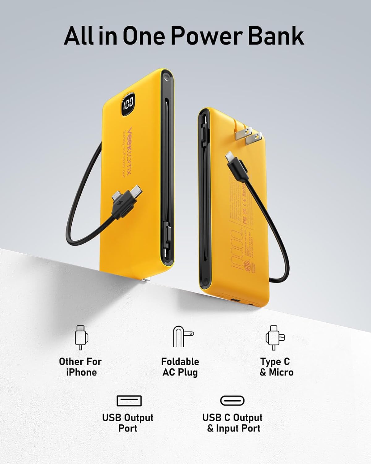 VEEKTOMX 10000mAh Portable Charger with Built-in Cables & Wall Plug