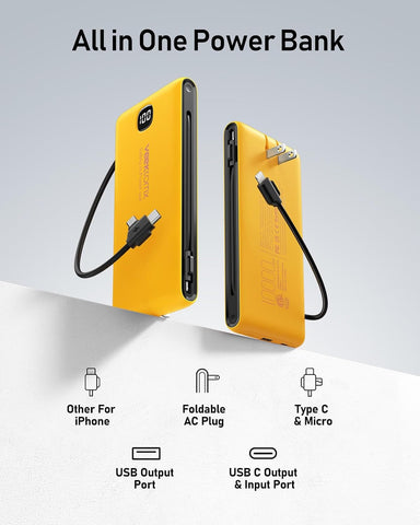 VEEKTOMX 10000mAh Portable Charger with Built-in Cables & Wall Plug