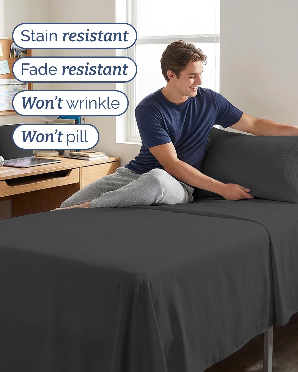 Twin XL 3 Piece Sheet Set - College Dorm Room Essentials - Charcoal
