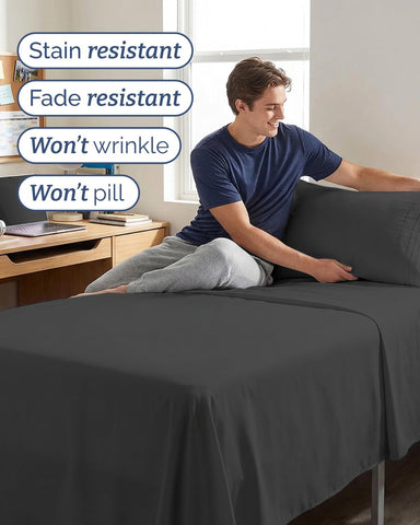 Twin XL 3 Piece Sheet Set - College Dorm Room Essentials - Charcoal