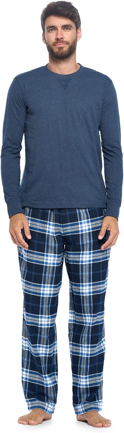 Ashford & Brooks Mens Flannel Pajamas Set, Jersey Cotton Long Sleeve Top & Plaid Pants Flannel Pjs Sets