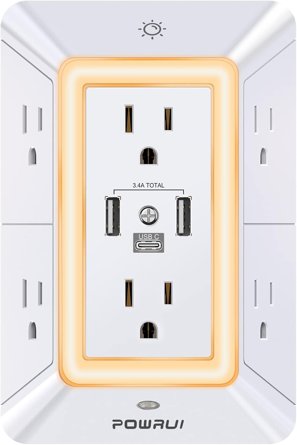 Multi Plug Wall Outlet Night Light, POWRUI 6 Outlet Extender & 3 USB Ports