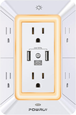 Multi Plug Wall Outlet Night Light, POWRUI 6 Outlet Extender & 3 USB Ports