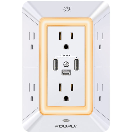 Multi Plug Outlet Surge Protector - POWRUI 6 Outlet Extender with 3 USB Ports (1 USB C) and Night Light, 3-Sided Power Strip with Adapter Spaced Outlets - White，ETL Listed