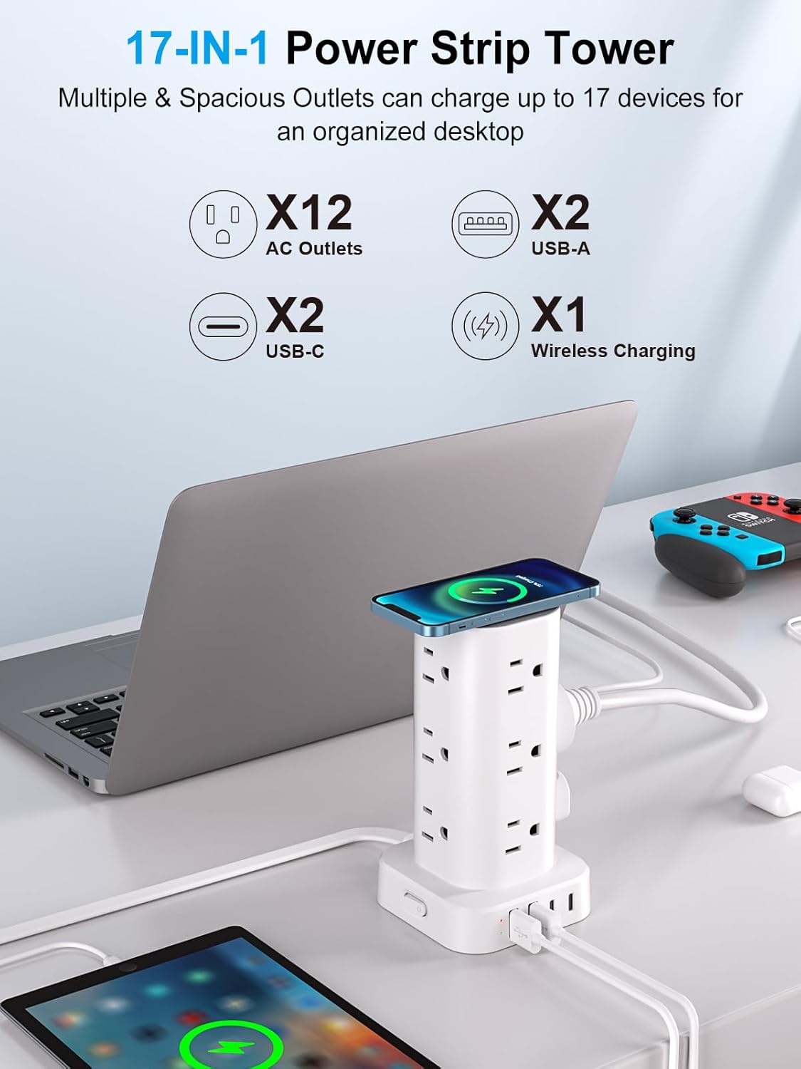 6FT Power Strip Tower with Wireless Charger,Surge Protector with 12 Outlets