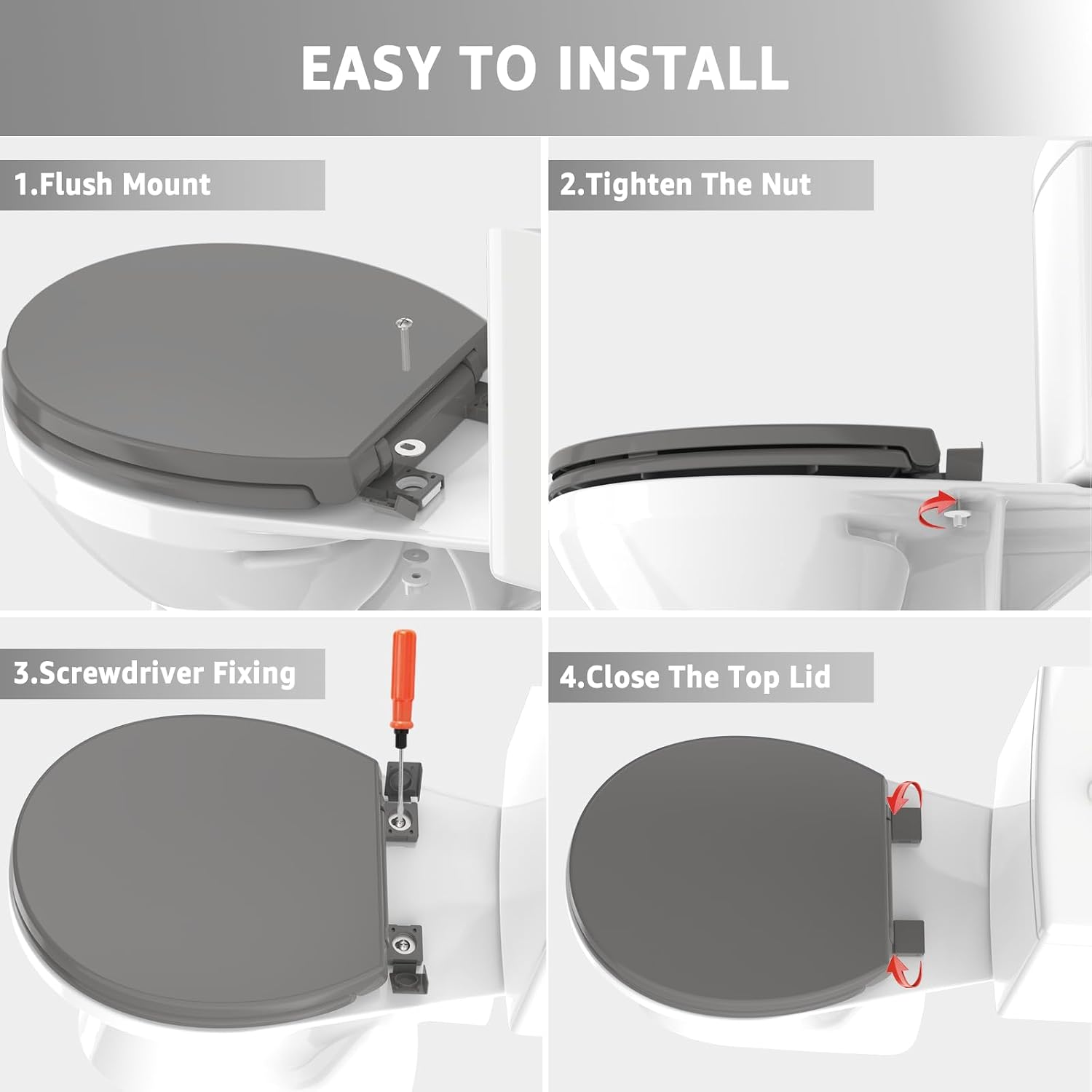 Toilet Seat Round 16.5 Inch with Quick Release-Quick Connect. White Round Toilet Seat with Soft Close. PP Material Safe, Easy Clean and Install, Sturdy Accessories Never Loosen,2 Years Support, Grey
