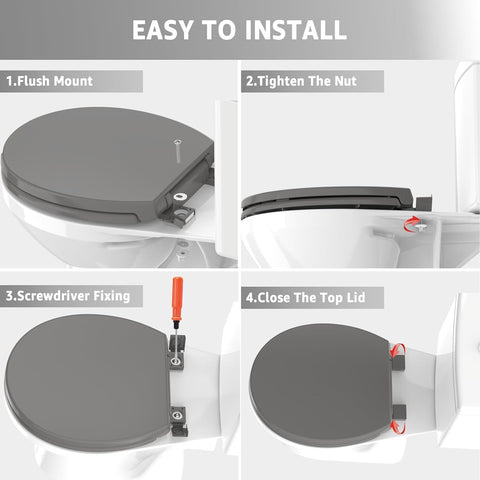 Toilet Seat Round 16.5 Inch with Quick Release-Quick Connect. White Round Toilet Seat with Soft Close. PP Material Safe, Easy Clean and Install, Sturdy Accessories Never Loosen,2 Years Support, Grey