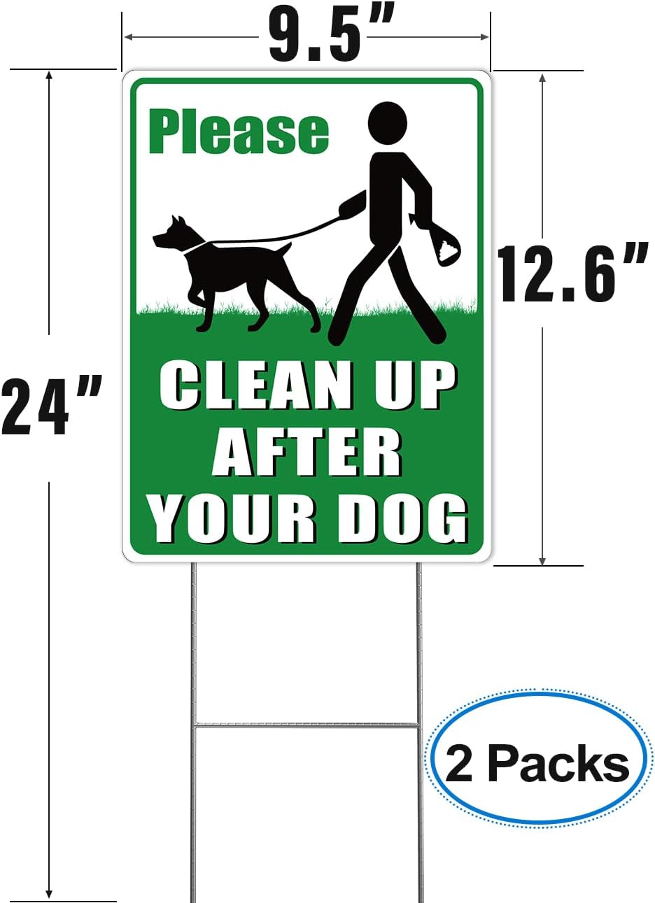 Multiwins 2-Pack Clean Up After Your Dog Signs, 12.6" x 9.5" with Metal Stake, No Dog Poop Lawn Signs with UV Protected & Waterproof, Double Sided Pick Up After Your Dog Sign for Yard