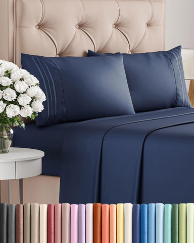 Queen Size 4 Piece Sheet Set - Breathable & Cooling Sheets - Navy Blue