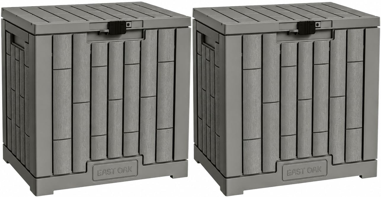 EAST OAK Outdoor Storage Box, 31 Gallon 2 Pack Deck Box Indoor and Outdoor Use, Waterproof Resin Storage Bin for Package Delivery, Patio Cushions, Gardening Tools, Lockable, UV Resistant, Grey