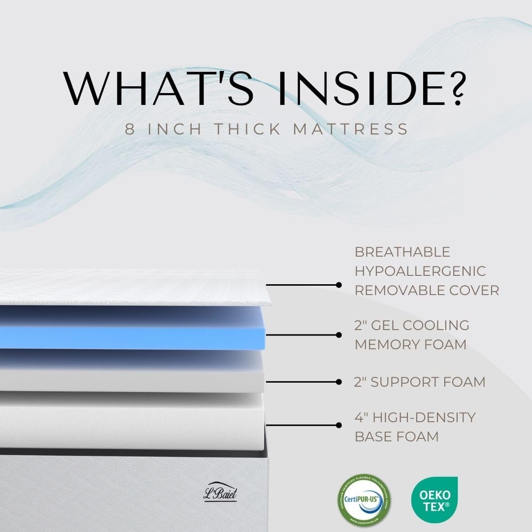 L’Baiet 8 Inch Gel Memory Foam Mattress, Twin Size - Bed in a Box - Medium Firm - Breathable Cooling-Gel Comfort Technology - Pressure Relief Comfy Support Soft Fabric Cover - CertiPUR-US Certified