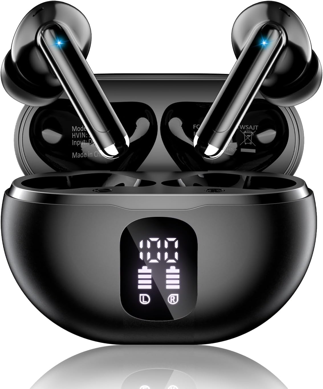 Wireless Earbuds, Bluetooth 5.4 Ear Buds Bass Stereo, Headphones with Noise Cancelling Mic, LED Display in Ear Earphones Clear Calls, IP7 Waterproof Bluetooth Earbuds for Phone/Android/iPad Dark Black