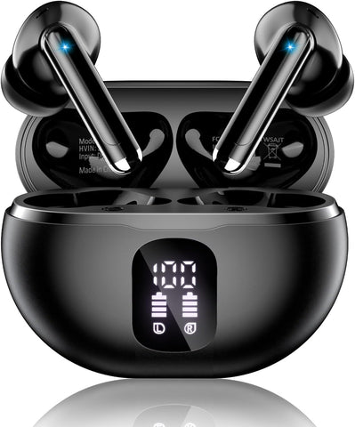 Wireless Earbuds, Bluetooth 5.4 Ear Buds Bass Stereo, Headphones with Noise Cancelling Mic, LED Display in Ear Earphones Clear Calls, IP7 Waterproof Bluetooth Earbuds for Phone/Android/iPad Dark Black