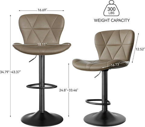 Nalupatio Modern Bar Stools Set of 3, Adjustable Faux Leather Upholstered Swivel Bar Stools, Counter Height Bar Chairs with Back for Kitchen Island, Dark Khaki