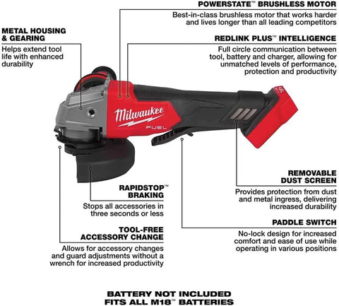 Milwaukee 2880-20 M18 Fuel Brushless Lithium-Ion 4-1/2 in. / 5 in. Cordless Small Angle Grinder with No-Lock Paddle Switch (Tool Only)