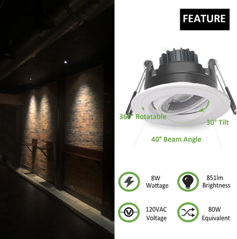 POPANU 3 Inch Gimbal LED Recessed Lights 6 Pack,Adjustable Downlight, White