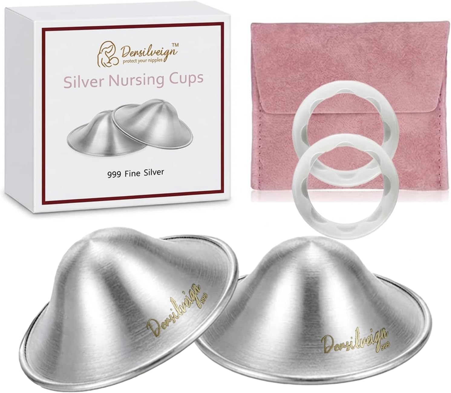 999 Original Silver Nursing Cups, Silver Nipple Cover with Silicone Protect Rings for Breastfeeding Essential, Silver Nipple Shield for Nursing Newborn, Metal Nipple Shields, Regular Size