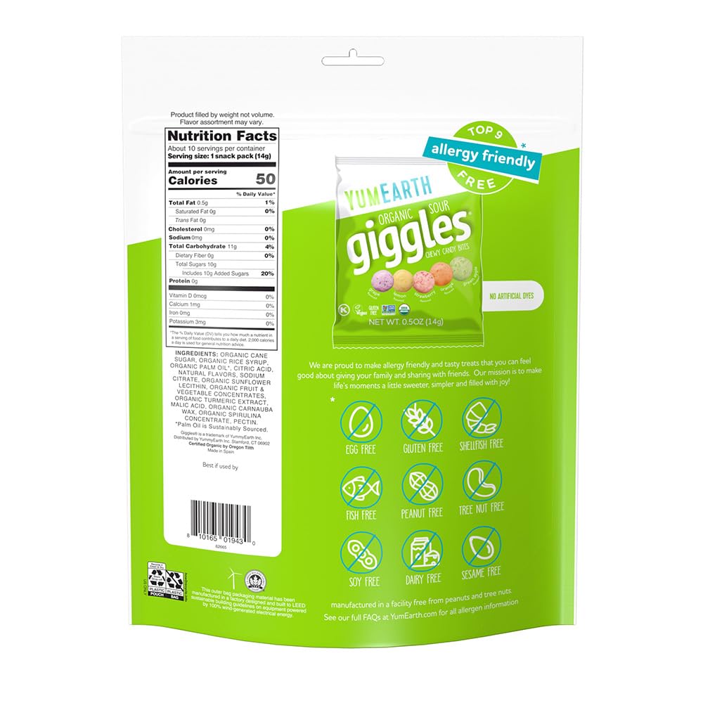 YumEarth Organic Sour Giggles Chewy Candy, 0.5oz Snack Packs (Pack of 10)
