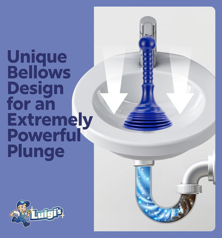 Luigi's Sink Plunger Kitchen - Sink Plunger Bathroom - Drain Bathtub or Shower - Small and Powerful Clog Remover - Commercial Style "Plumbers Plungers" with Large Bellows - Blue - Small
