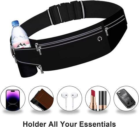 Slim Running Belt for Women Men,Runners Fanny Pack Phone Holder,Money Belt,Running Gear Accessories,with 3 Pockets (Jet Black)