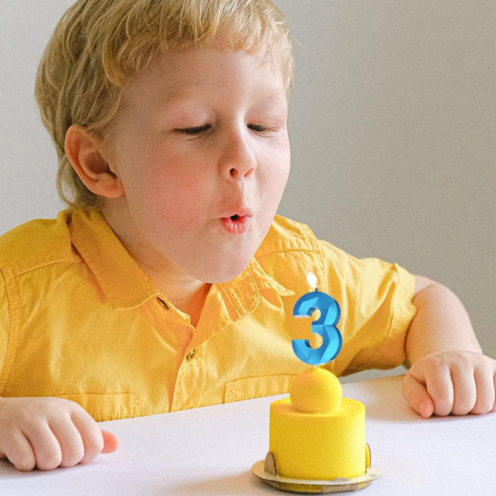 Number Birthday Candles(8 Candle Blue) 3D Diamond Shape Number Happy Birthday Cake Candles for Birthday Party Wedding Decoration Reunions Theme Party