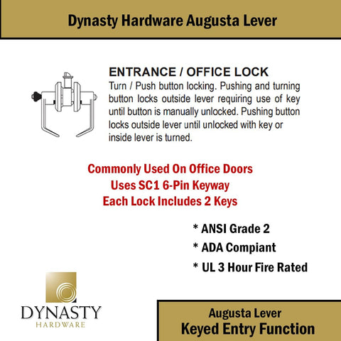 Dynasty Augusta Office/Entry Lever Lockset, ADA, Grade 2, Satin Chrome