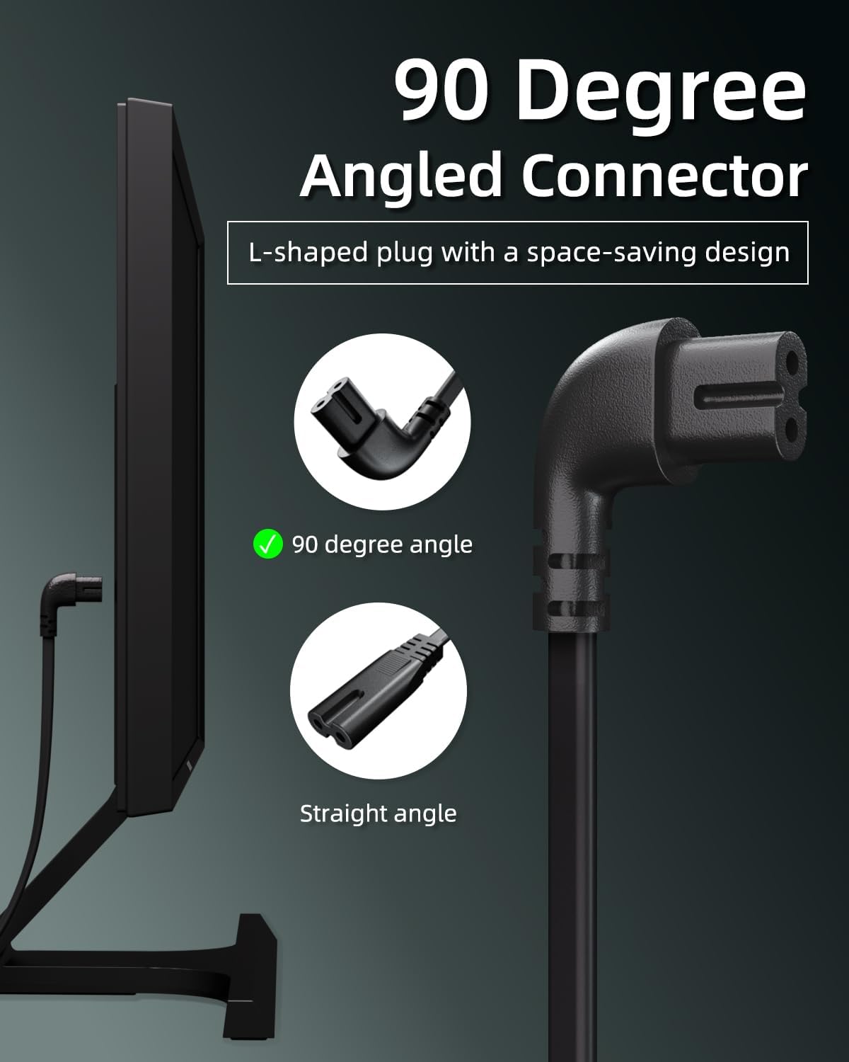 Superer 2-Pack 10FT 90 Degree L-Shaped AC TV Power Cord 2-Prong Replacement
