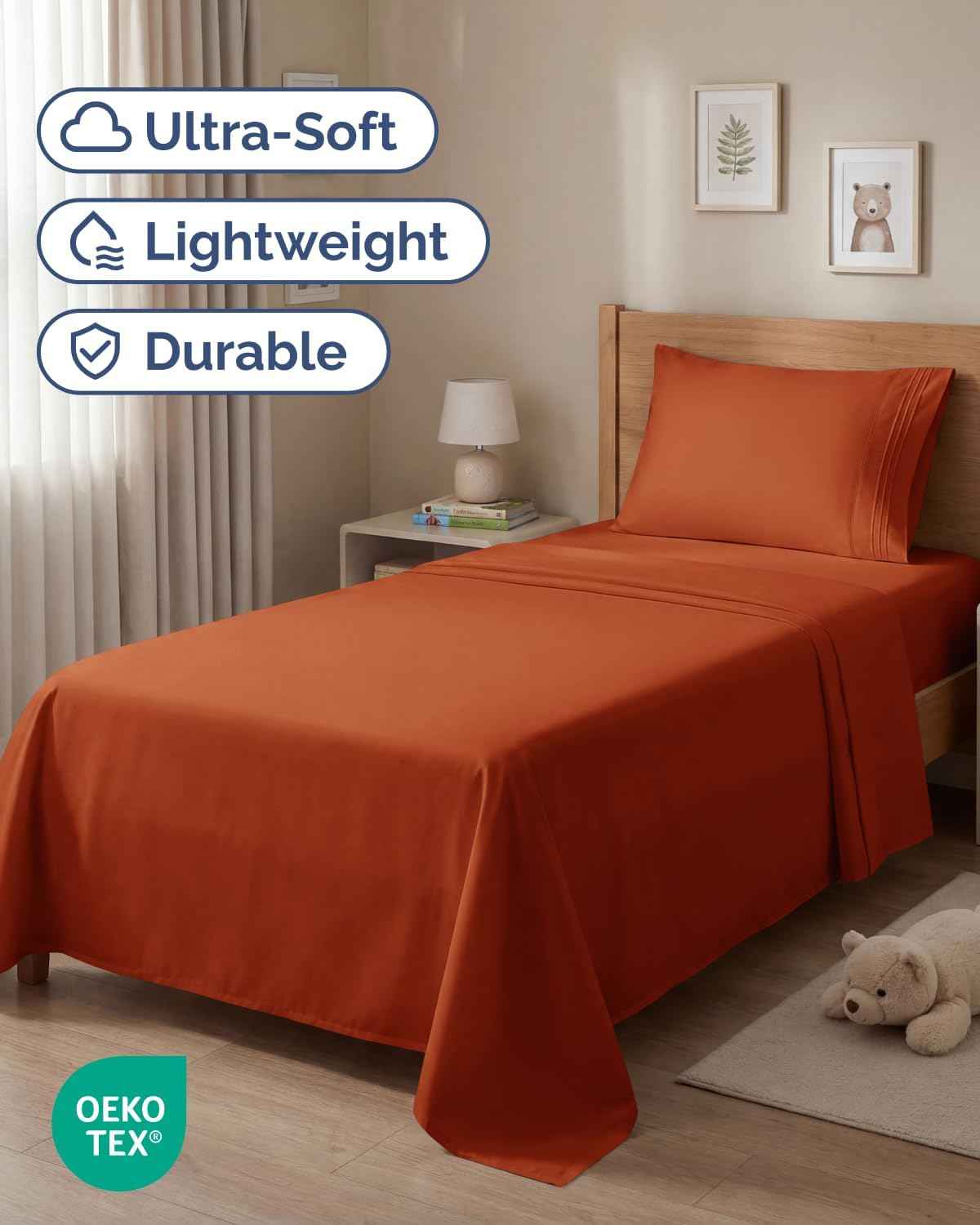 Twin Size 3 Piece Sheet Set - Breathable & Cooling Sheets - Terracotta