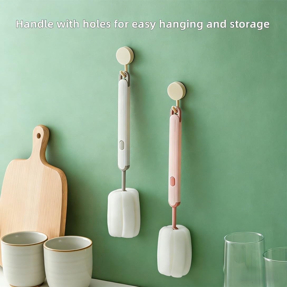 Bottle Brush Long Handle Cup Cleaner Brush Sponge Bottle Scrubber Detachable Handle Portable Sponge Cleaning Brush for Cups Wine Glasses Water Bottles Baby Bottles and Vacuum Flasks (White)
