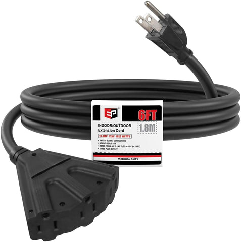 EP 6 Ft Outdoor Extension Cord 16/3 SJTW 3 Electrical Power Outlets, Black