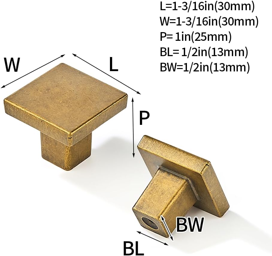 khtumeware 10 Pack Antique Brass Cabinet Knobs 1-1/4 inch(32mm) Solid Heavy Duty Square Bi-Fold Door Knob for Kitchen Bathroom and Dressing Table