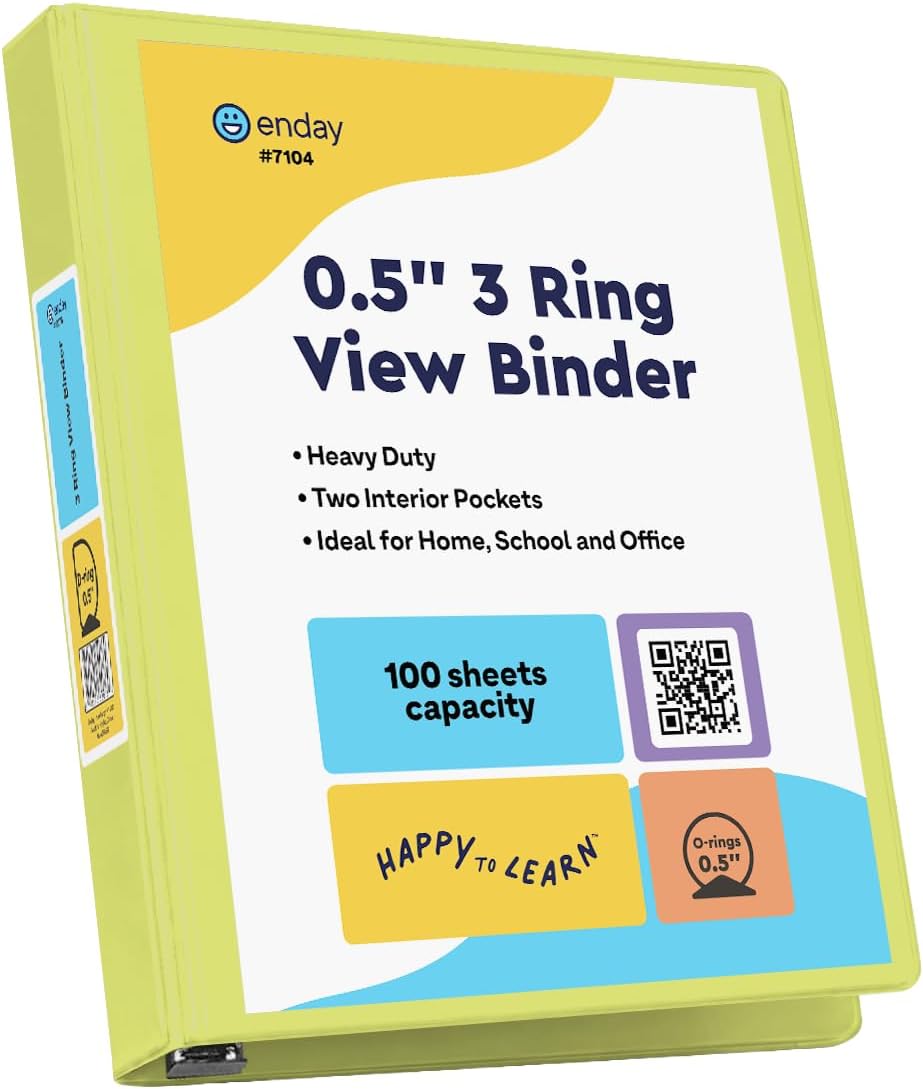 Enday 1/2 Inch Binder, Green 3 Ring Binder, 0.5 Inch Heavy Duty Three Ring Binder, 100 Sheets Capacity - for Home School and Office