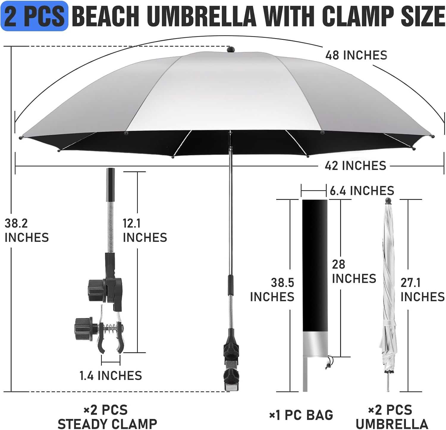 2 PACK Beach Umbrella with Clamp, 360 ° Adjustable Umbrellas for Chair, UPF50+ Umbrella for Beach Chair, Patio Chair, Wheelchair, Camping Chair, Golf Carts (Chair Not Included)
