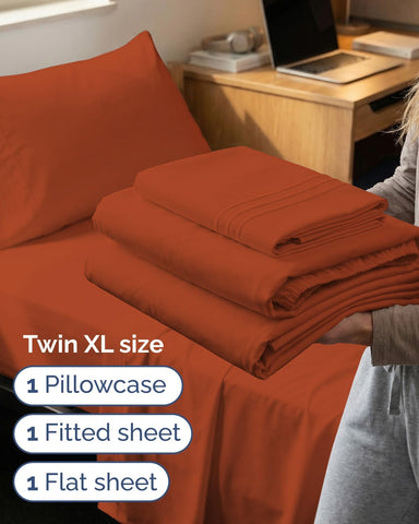 Twin XL 3 Piece Sheet Set - College Dorm Room Essentials - Terracotta