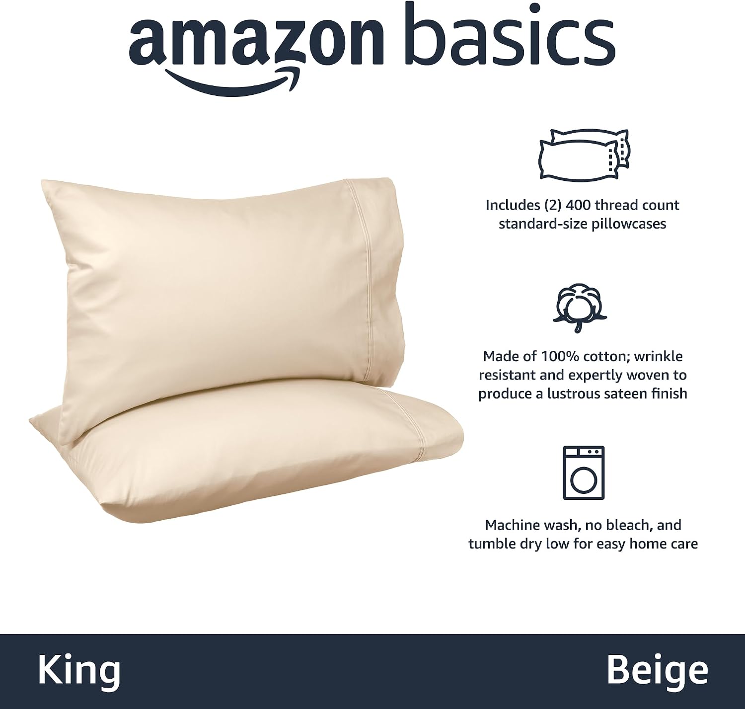 Amazon Basics 400 Thread Count Cotton Pillow Case, King, Set of 2, Beige, 40" L x 20" W, Pillows Not Included (Pack of 2)