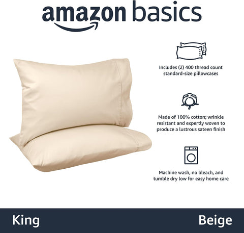 Amazon Basics 400 Thread Count Cotton Pillow Case, King, Set of 2, Beige, 40" L x 20" W, Pillows Not Included (Pack of 2)