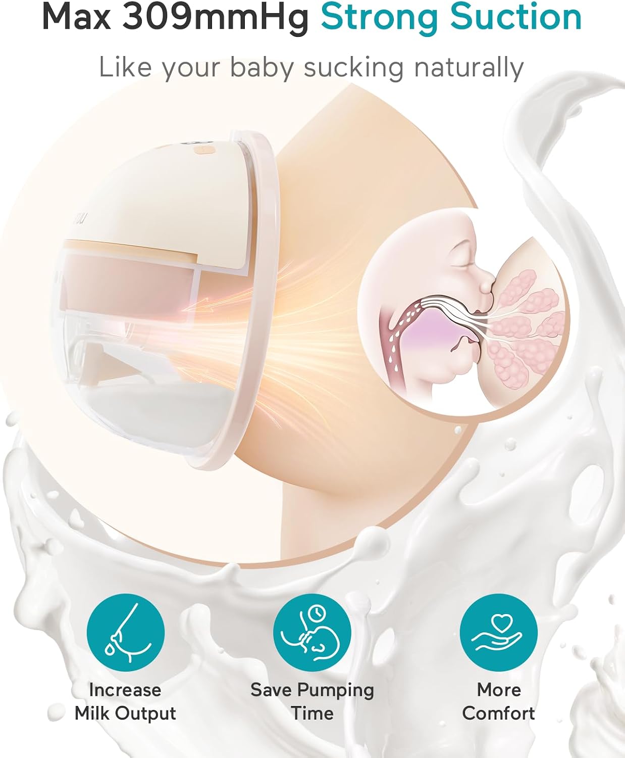 Paruu Hands Free Breast Pump P16, Wearable Breast Pump Electirc Portable with 4 Modes & 12 Levels, Max 309mmHg Strong Suction 19/21/24mm Flange Inserts Wearable Breastfeeding Pump, 2 Pack（Nude