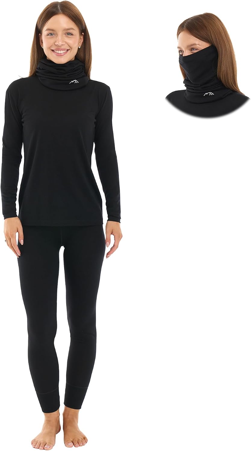 100% Merino Wool Base Layer Women - Thermal Underwear Set with Neck Gaiter