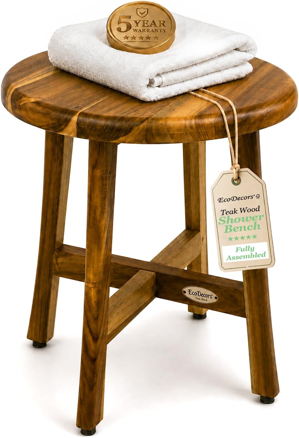 EcoDecors Shoji 12-Inch Round Teak Shower Stool, Waterproof, Storage