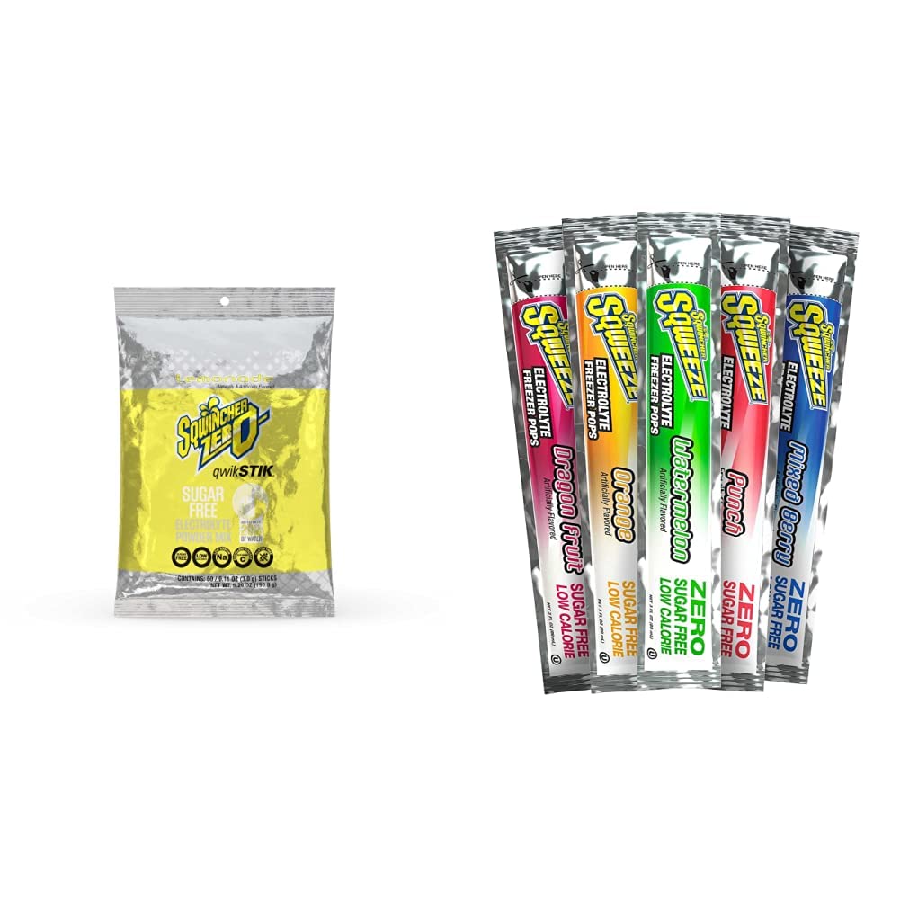 Sqwincher Zero Sugar Hydration Bundle with Lemonade Drink Mix (50 Pack) and Assorted Flavor Freezer Pops (50 Count)