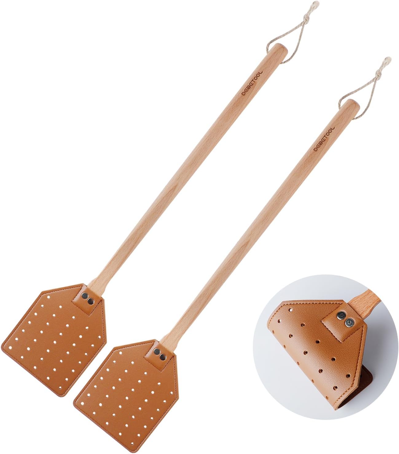 DEBETOOL 2-Pack Wooden Leather Fly Swatter Set with Heavy Duty Handle