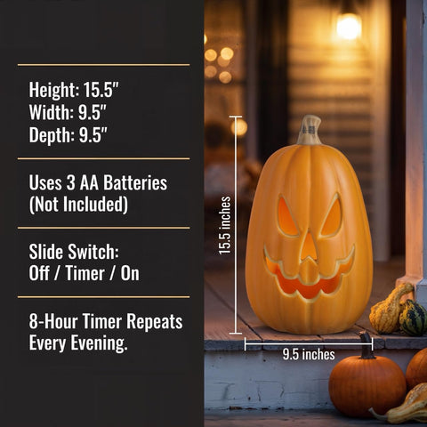 Xodus Battery Operated LED Light Up Pumpkin, Jack-O-Lantern, Timer, 15-inch