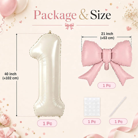 40 Inch Cream Number 1 with Pink Bow Balloon for Birthday Party Decorations