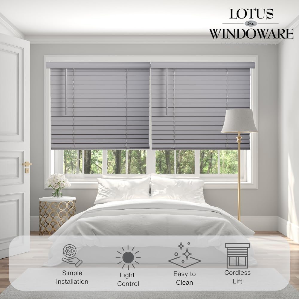 LOTUS & WINDOWARE Cordless Faux Wood Blinds, 27" Wide x 84" Long,Smooth,Light Gray, 2 Inch Horizontal Blinds – for Living Room, Bedroom, Interior Door Windows