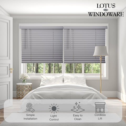 LOTUS & WINDOWARE Cordless Faux Wood Blinds, 27" Wide x 84" Long,Smooth,Light Gray, 2 Inch Horizontal Blinds – for Living Room, Bedroom, Interior Door Windows