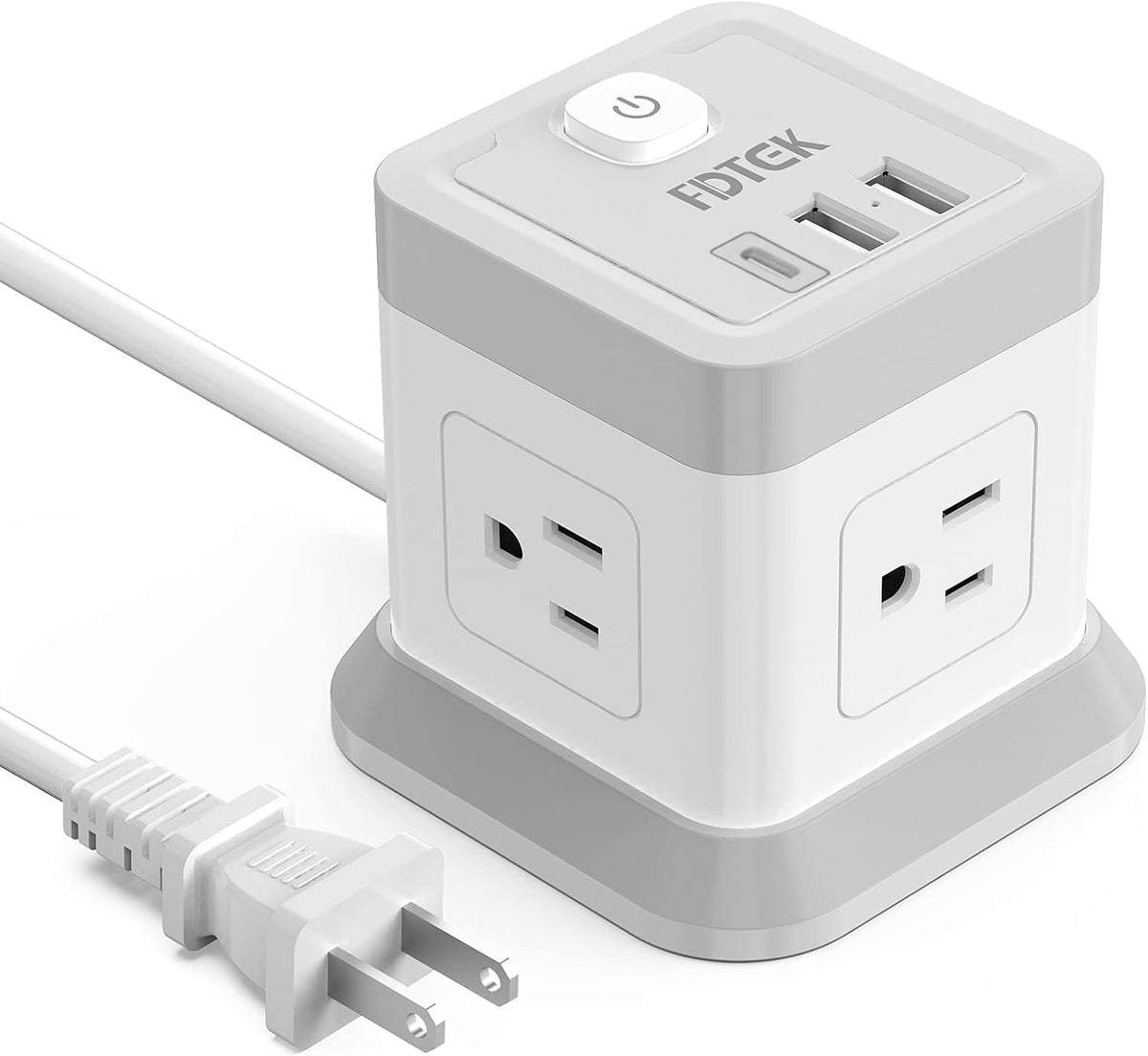 FDTEK 2 Prong Power Strip USB C, 4 Outlets 3 USB 5 FT Extension Cord White