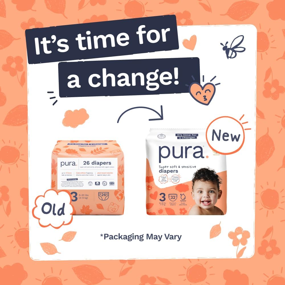 Pura Baby Diapers Size 3 (16-28 lbs) 64 Count Sensitive Skin