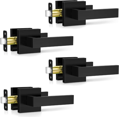 Plustool 4 Pack Black Door Handles Interior, Passage Door Levers for Hallway & Closet, Interior Closet Door Knobs Heavy Duty Square Non-Locking Handlesets, Reversible for Left & Right Sided Doors